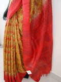 Yellow/Red Printed Tussar Silk Saree-Silk Saree-House of Taamara-House of Taamara